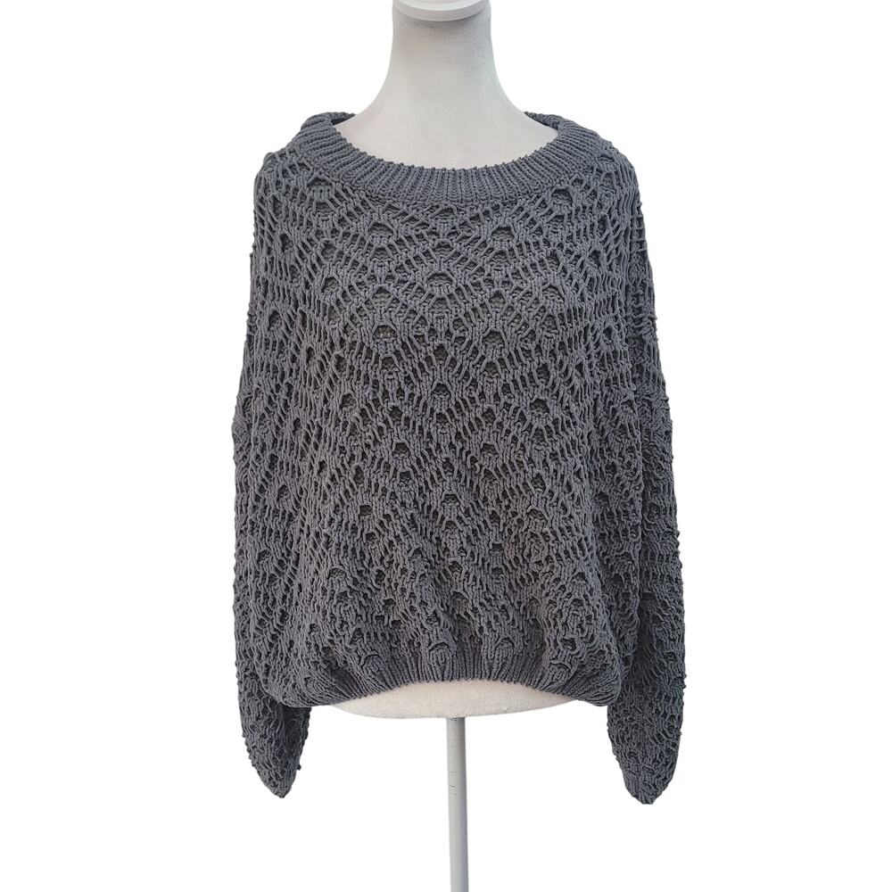 POL Size L Grey Open Knit Textured Pullover Sweater Boho Oversized Slouchy